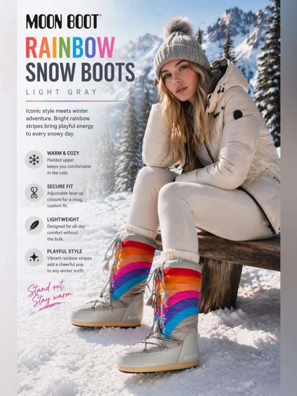 MOON BOOT Light Gray Rainbow Stripe Snow Boots NWT Women’s 7 Winter Boots